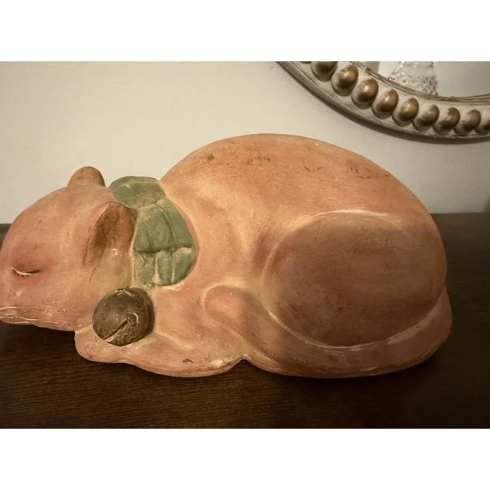 Vintage Hong Kong Terra Cotta Sleeping Cat Figurine Bell Collar 9